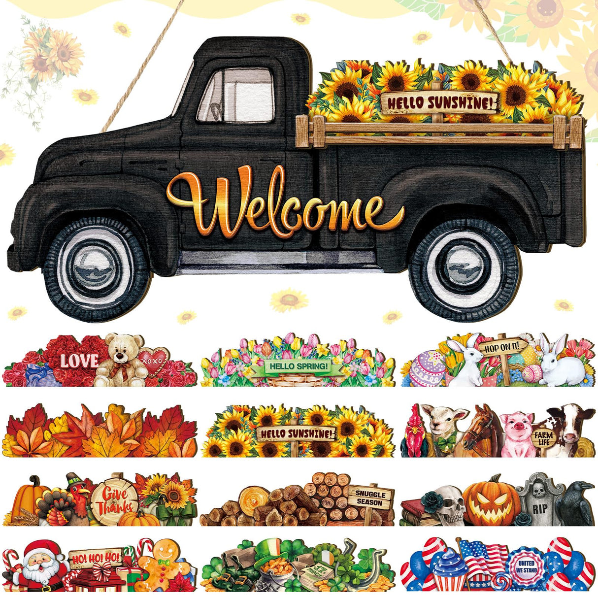 Ferraycle Interchangeable Welcome Sign Christmas Truck Decor Seasonal Door Signs with 12 Holiday Icons Rustic Farmhouse Interchangeable Holiday Decor for Christmas All Seasons(Black) Ferraycle