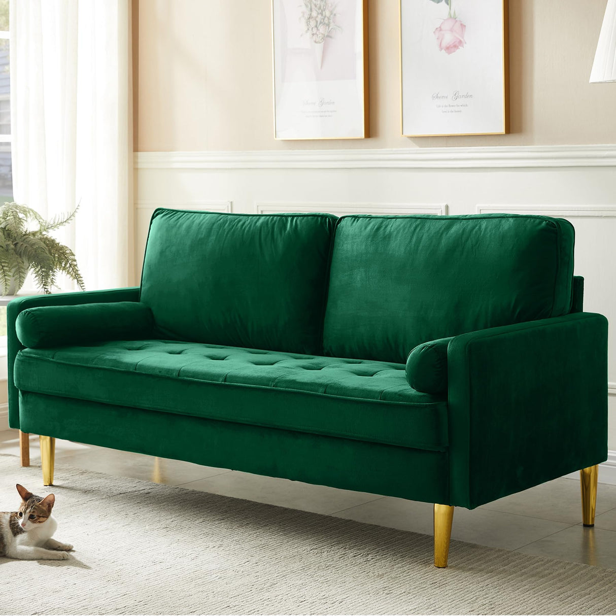HRVEOCEI 65 Inch Green Velvet Couch, Small Loveseat Sofa & Office Sofa for Small Space, Couch for Bedroom Livingroom, 2 Pillows, Gold Legs, Tufted Seat (Green) HRVEOCEI