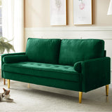 HRVEOCEI 65 Inch Green Velvet Couch, Small Loveseat Sofa & Office Sofa for Small Space, Couch for Bedroom Livingroom, 2 Pillows, Gold Legs, Tufted Seat (Green) HRVEOCEI