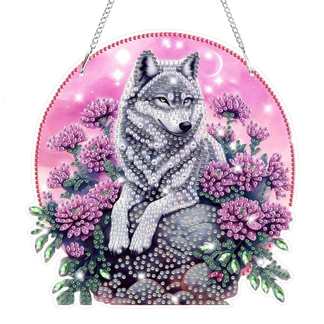 Bowetile Wolf Diamond Art Hanging Kits for Adults Kids, 5D Special Shape Diamond Painting Flowers Pendant Kits, Gem Art Suncatchers Painting Window Ornament for Home Garden Wall Decor Bowetile