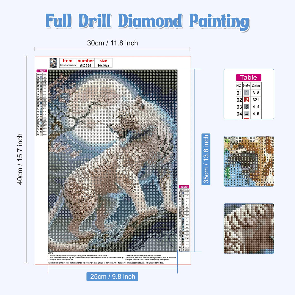NAIMOER White Tiger Diamond Art Kits for Adults, Full Drill Tiger with Moon Diamond Art Kits, DIY 5D Diamonds Dots Paint with Diamonds Animals Diamond Craft Kit for Home Decor 30x40cm NAIMOER