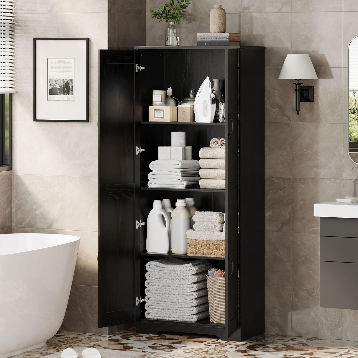 IDEALHOUSE Tall Pantry Cabinet, 60" Kitchen Pantry Storage Cabinet with 2 Doors and Adjustable Shelves, Freestanding Kitchen Cabinet, Cupboard for Dining Room, Bathroom, Living Room, Black IDEALHOUSE