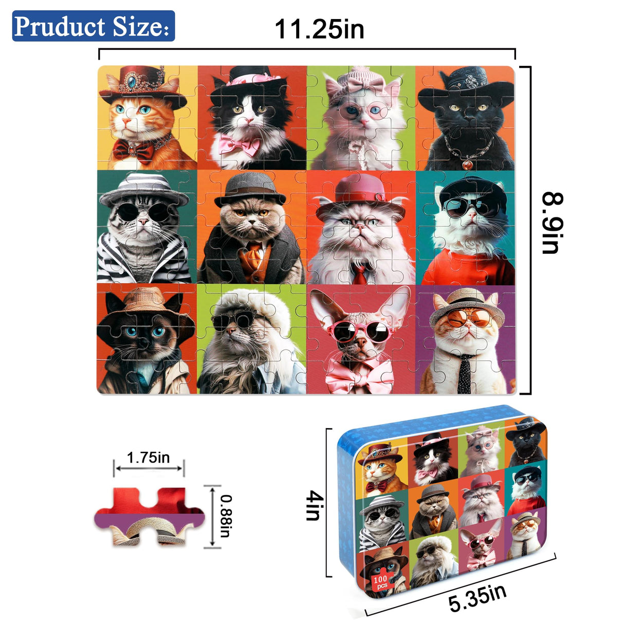LELEMON Cat Jigsaw Puzzles in a Metal Box 100 Pieces Cat Jigsaw Puzzle for Kids Ages 4-8 Children Learning Educational Puzzles Toys LELEMON