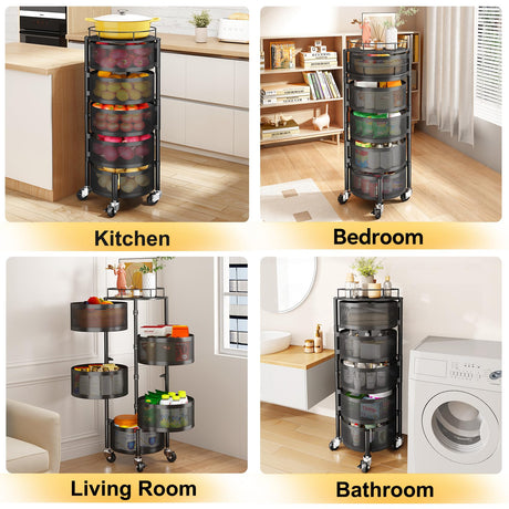 Fruit and Vegetable Basket Bowls for Kitchen with Metal Top Lid, SNTD 5 Tier Rotating Storage Rack Cart for Potato Onion Bread Banana, Wire Basket Organizer on Wheels, Large, Black SNTD