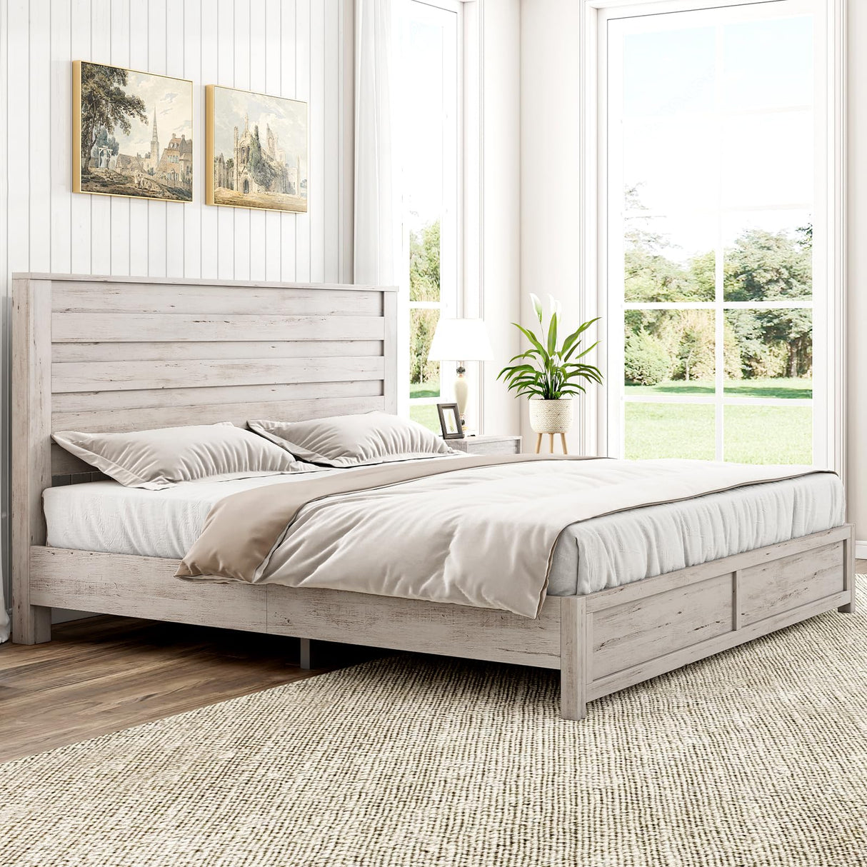 LUXOAK Farmhouse King Bed Frame with 49" Tall Headboard, Wooden Platform Beds with Hidden Metal Bed Frame, No Box Spring Needed/Easy Assembly, Distressed White LUXOAK