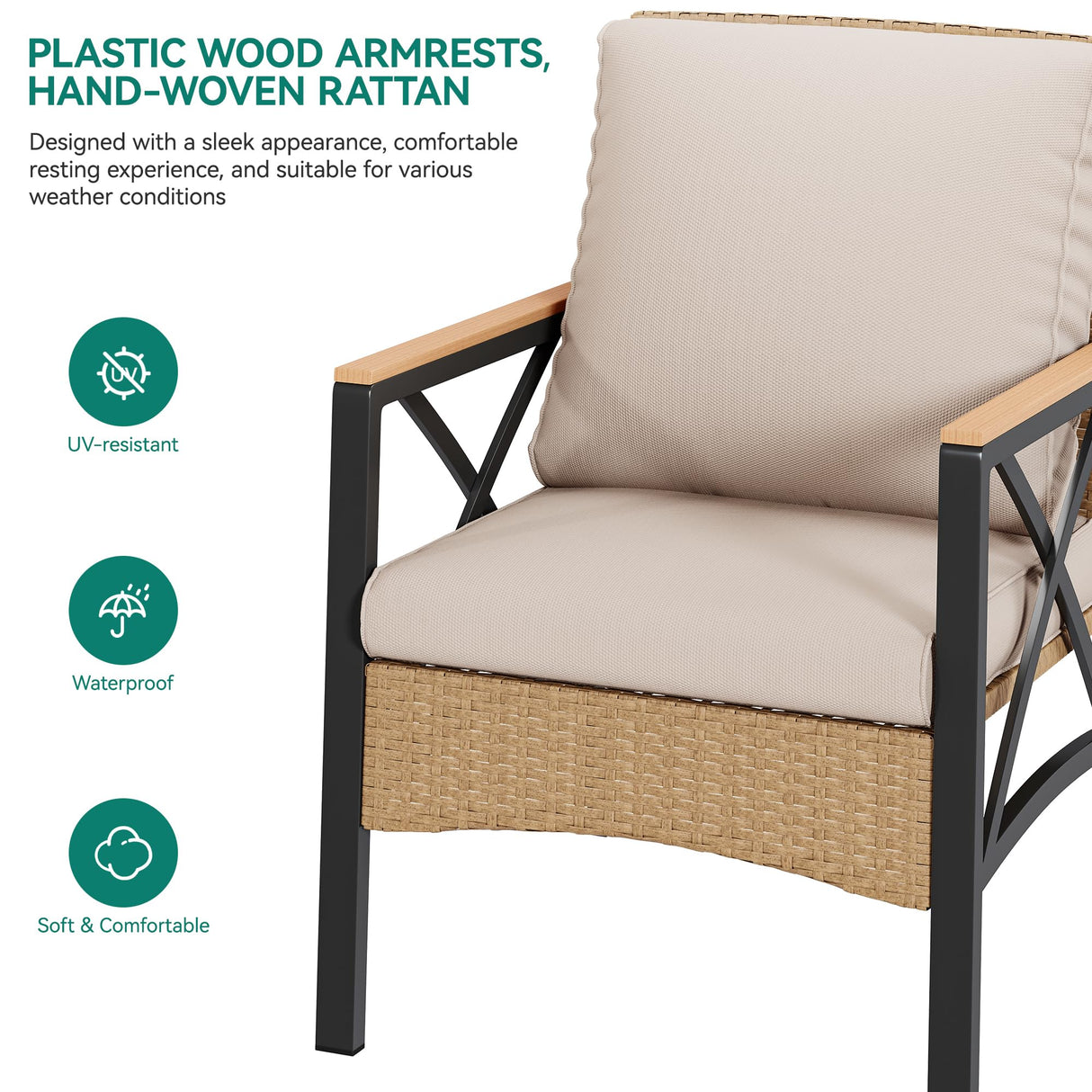 YITAHOME 4-Piece Patio Wicker Furniture Set with Wood Armrest, All Weather Rattan Conversation Furniture Sets for Backyard, Balcony, Deck w/Soft Cushions and Plastic Wood Table (Light Brown+Beige) YITAHOME