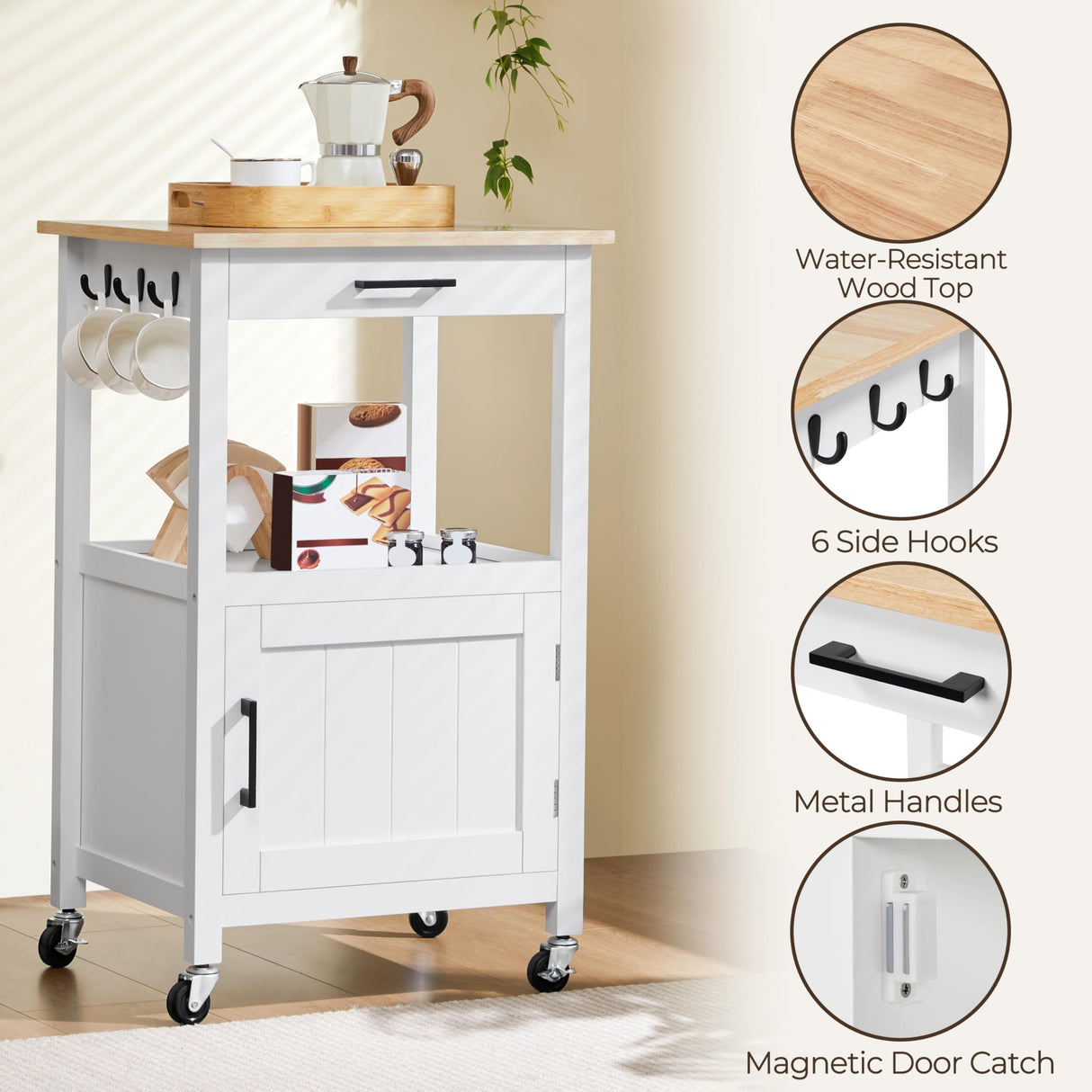 Yaheetech Rolling Kitchen Island with Single Door Cabinet, Kitchen Cart with Drawer on Swivel Wheels, Small Coffee Cart Microwave Stand with 3 Side Hooks for Dining Room, White Yaheetech