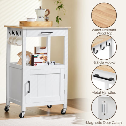 Yaheetech Rolling Kitchen Island with Single Door Cabinet, Kitchen Cart with Drawer on Swivel Wheels, Small Coffee Cart Microwave Stand with 3 Side Hooks for Dining Room, White