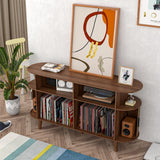 Large Walnut Record Player Stand with Charging Station, Mid-Century Turntable Stand Table, Vinyl Record Player Storage Cabinet for Bedroom, Living Room, Office Athuiline
