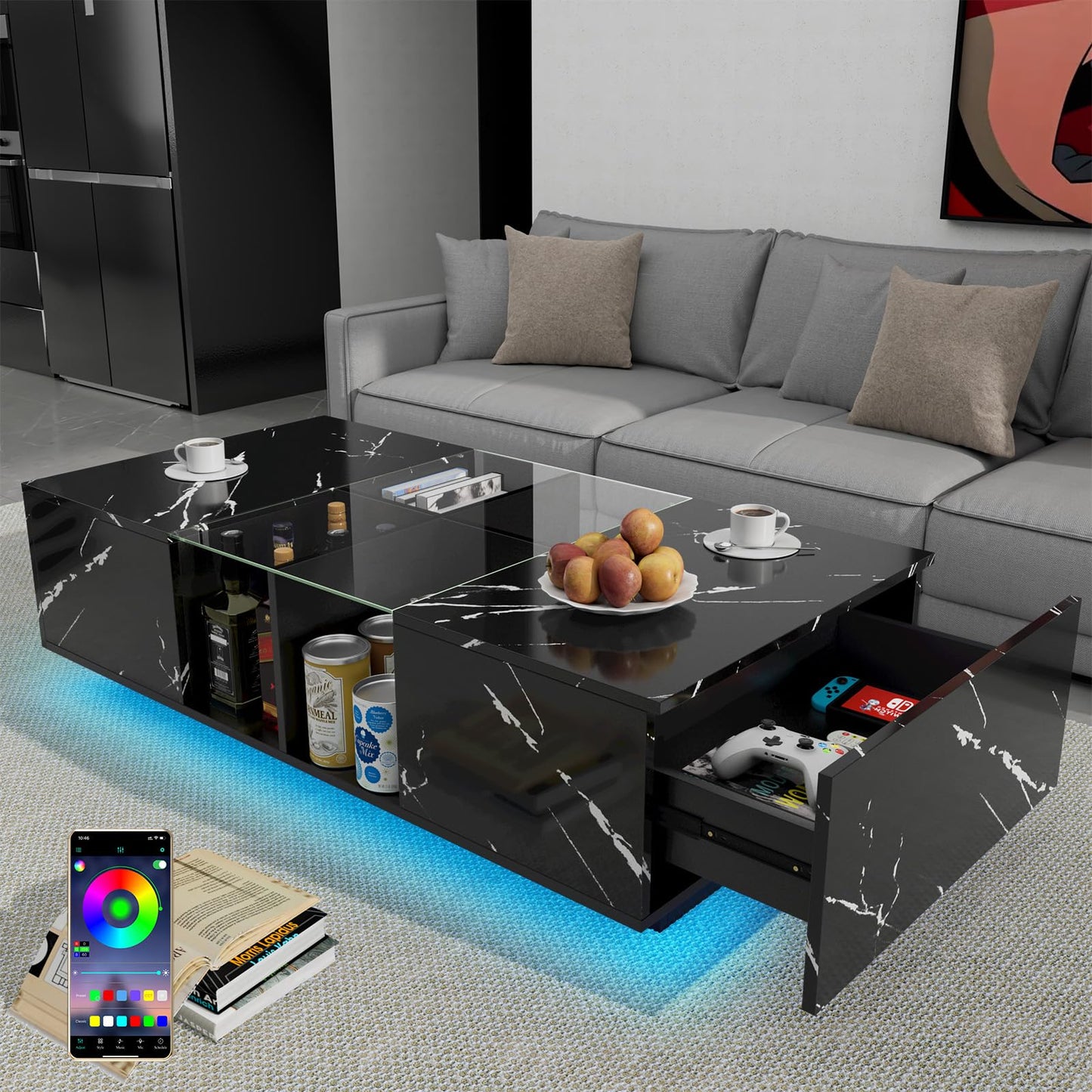 Buenhomino Coffee Table with Storage, LED Modern Rectangular Wood Coffee Table, Open Display Shelf & Large Sliding Drawers, Faux Marble Glass Center Table for Living Room, Home, Office - Black