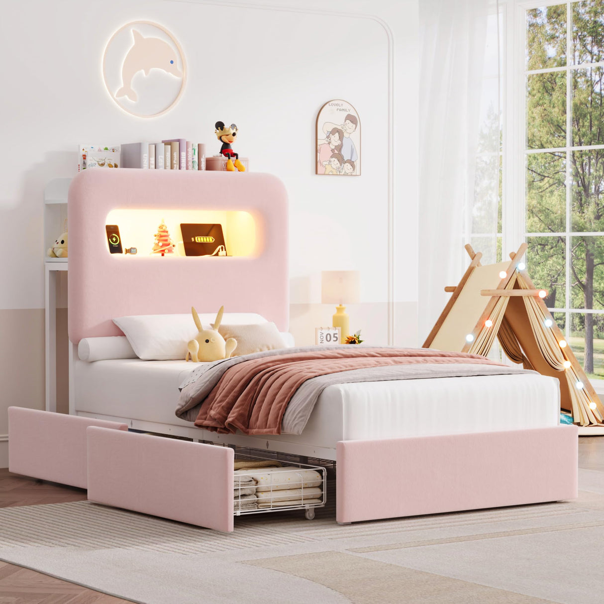 HOSTACK Twin LED Bed Frame with Storage Headboard and Charging Station, Girls Bed Frame with 2 Drawers and USB Ports, Velvet Upholstered Platform Bed Frame with Bookcase, No Box Spring Needed, Pink HOSTACK