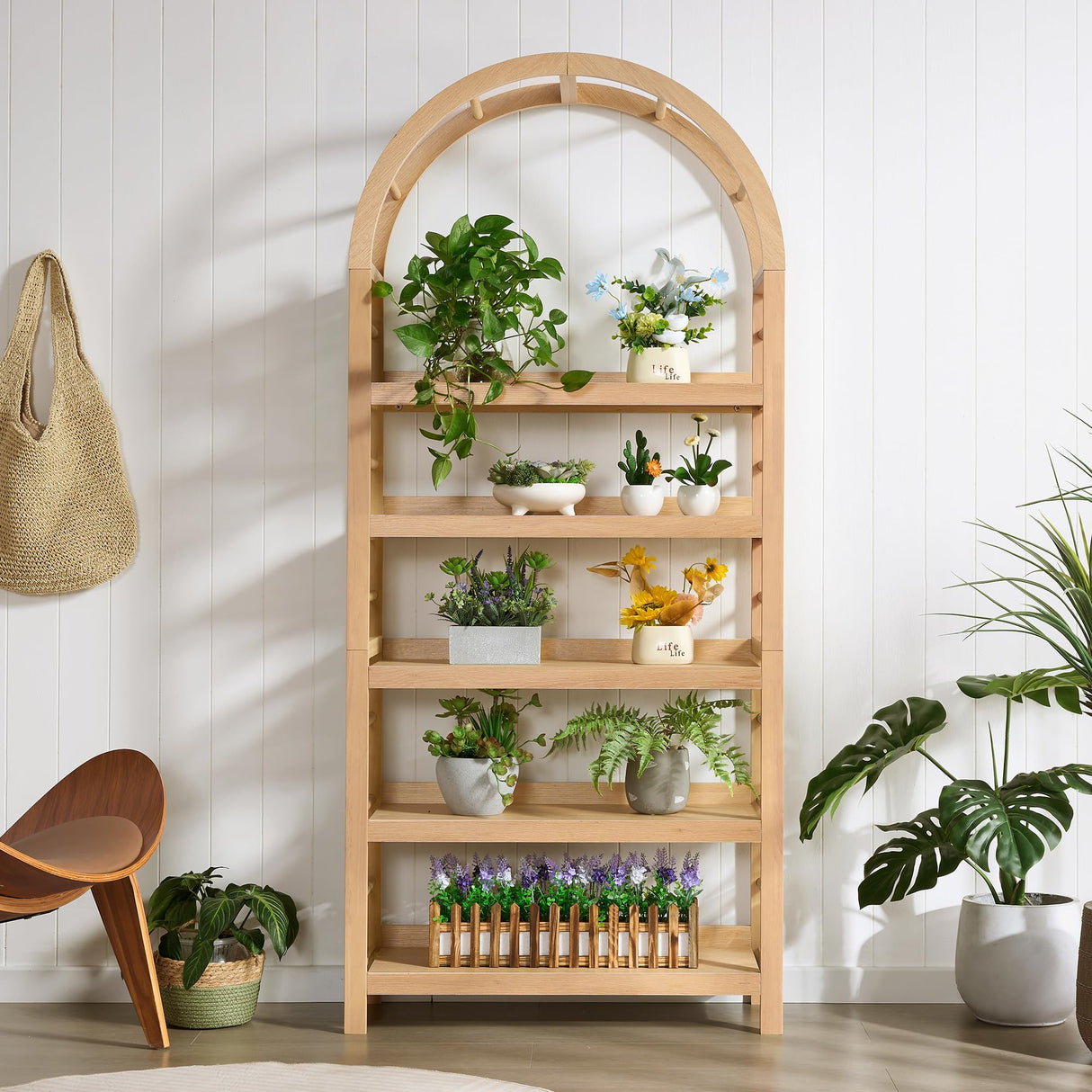 YUCHIATH 5-Tier Solid Wood Open Bookcase, Modern Arched Bookshelf, Home Office Shelf Storage Organizer, Storage Display Rack Shelf for Living Room (Natural) YUCHIATH