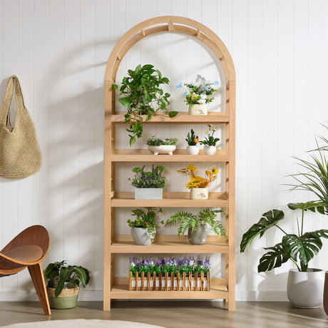YUCHIATH 5-Tier Solid Wood Open Bookcase, Modern Arched Bookshelf, Home Office Shelf Storage Organizer, Storage Display Rack Shelf for Living Room (Natural) YUCHIATH