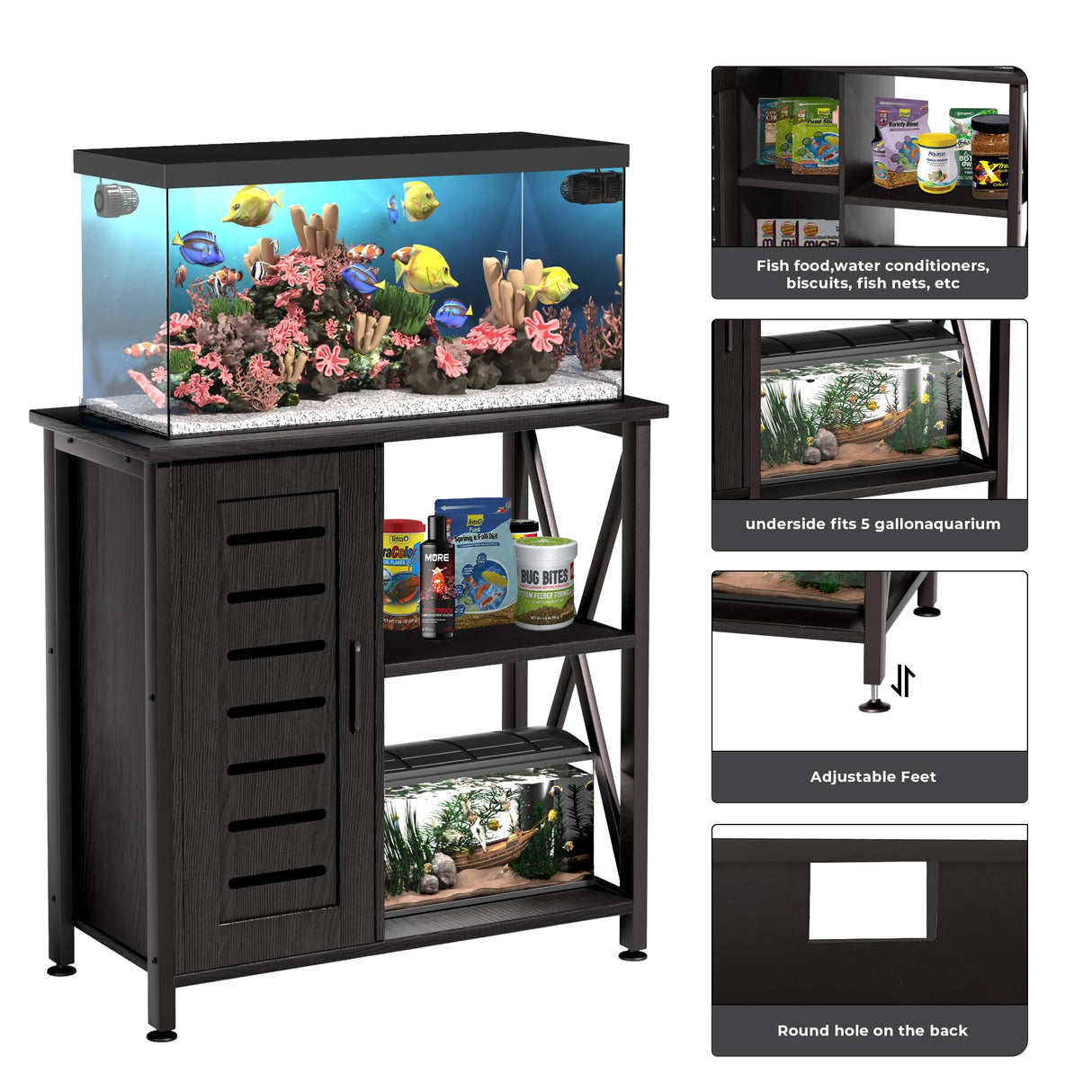 Herture 20-29 Gallon Fish Tank Stand, Aquarium Stand with Cabinet Accessories Storage, Heavy Duty Metal Frame, 31.49" L*15.74" W Tabletop, 330LBS Capacity, Black PG07YGB Herture