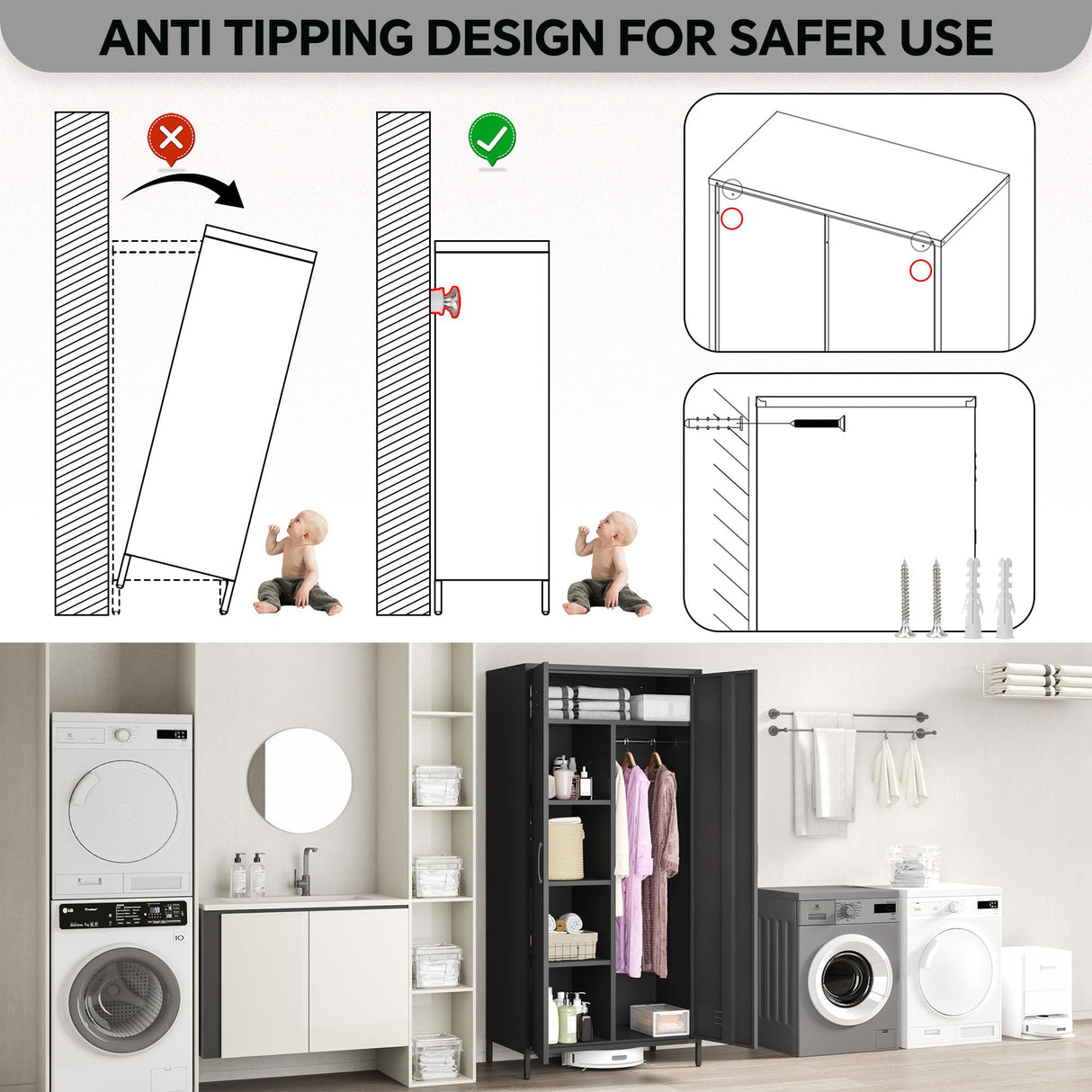 MIOCASA Metal Armoire, Wardrobe Closet Cabinet with Hanging Rod and 4 Shelf Steel Storage Locker Clothes Organizer for Bedroom, Changing Room, Laundry Room, Office (Black) MIOCASA