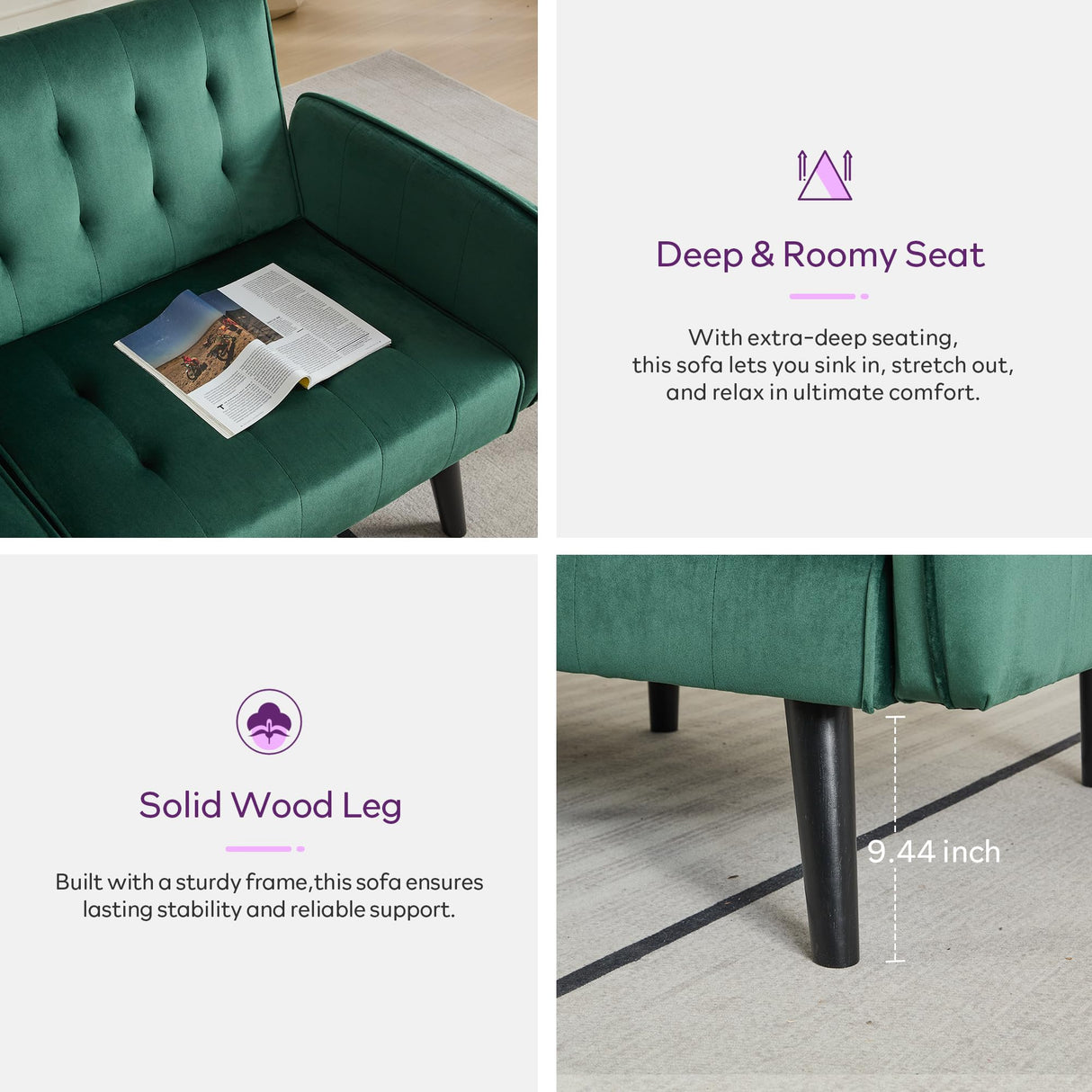 TYBOATLE 65" W Velvet Modern Convertible Folding Futon Couch Sofa Bed w/ 2 USB Charging Ports and arms, Loveseat for Living Room, Office, Apartment, Bedroom (Green) TYBOATLE