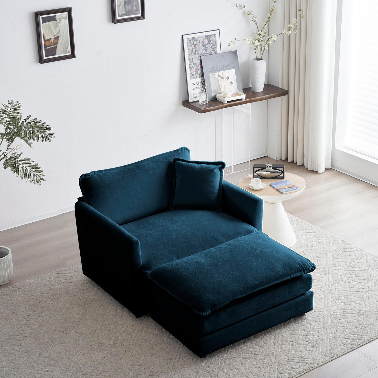 Modern Accent Chair with Ottoman, Oversized Cloud Chaise Lounge Chair with Deep Seat, Comfy Chenille Cloud Accent Chairs, Single Deep Seat Sofa Couch Reading Armchair for Living Room, Blue Janusline