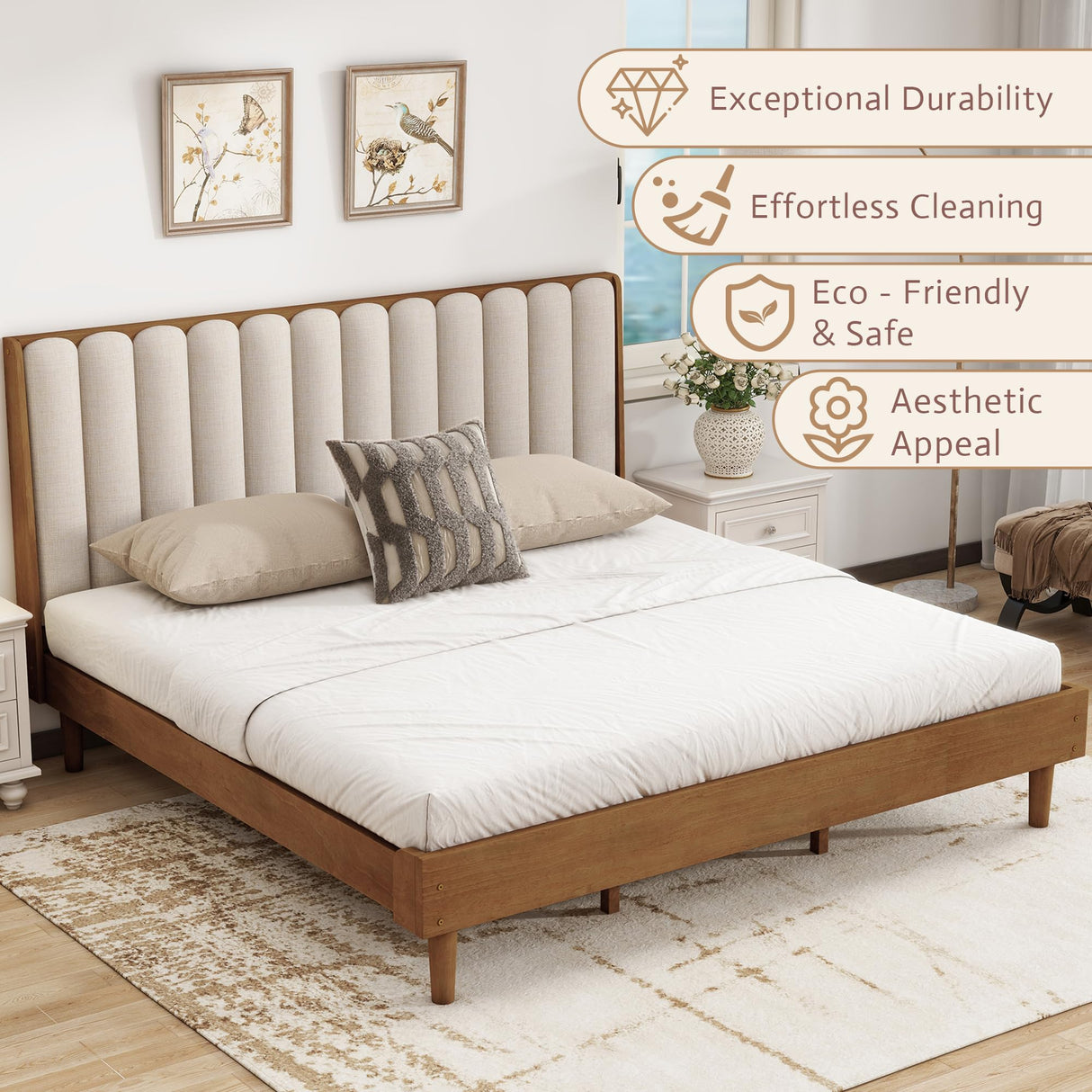Mirightone Wood King Size Bed Frame,Tall Upholstered Tufted Headboard, Platform Bed King with Solid Rubber Wood Legs, Modern Style - No Box Spring Needed, Walnuts with Beige Mirightone