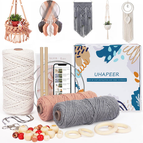 UHAPEER Macrame Kits for Adults Beginners with 656 Feet 3 mm Macrame Cotton Cord, DIY Macrame Plant Hanger Kit with Macrame Supplies and Instructions, Macrame Meads, Wooden Rings, Dream Catcher Rings UHAPEER