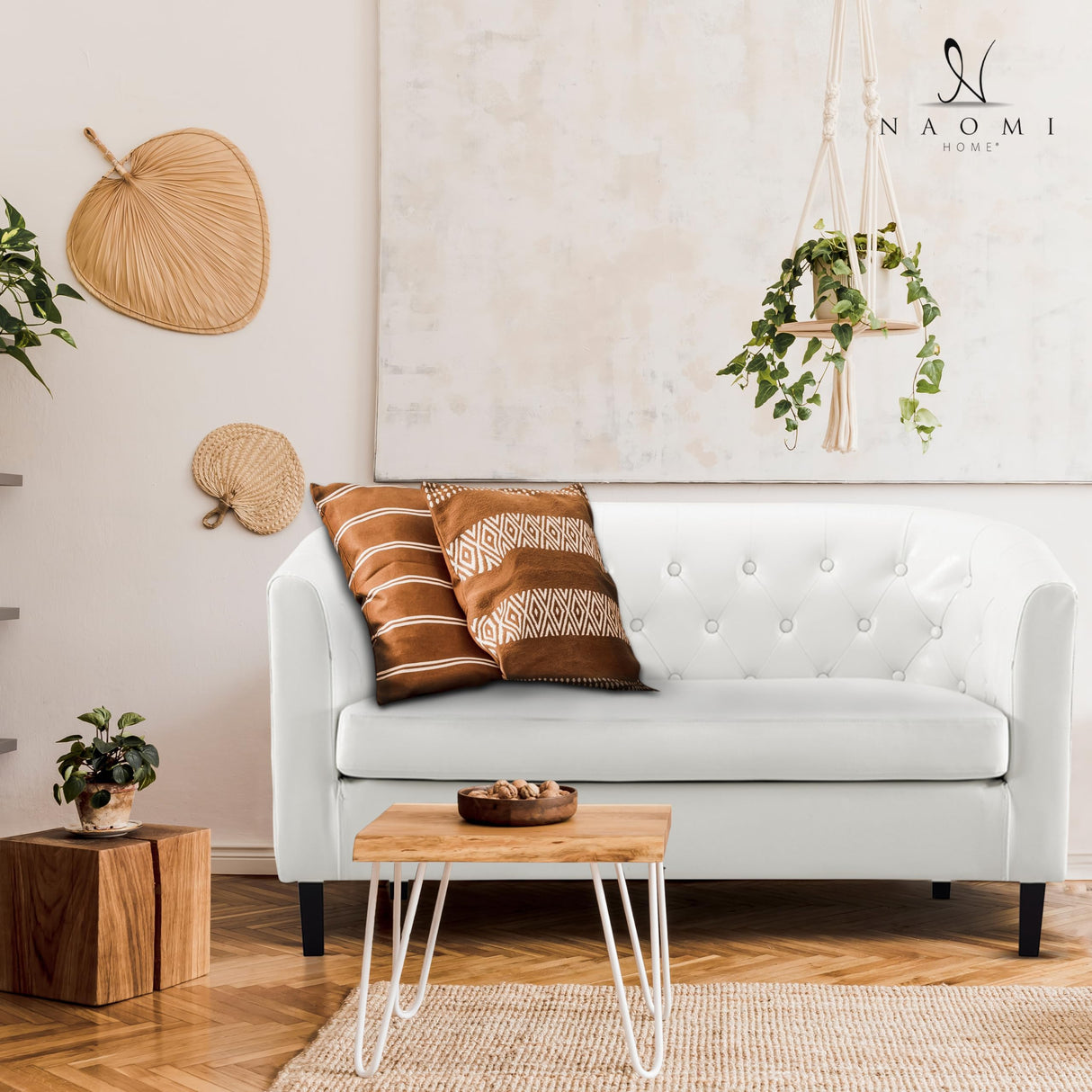 Emma Loveseat, Button Tufted Faux Leather Barrel Loveseat, Midcentury Modern 2 Seater Sofa Couch, Small Loveseat for Small Spaces, Bedrooms, Couches for Living Room, Easy Tool-Free Assembly - White Naomi Home