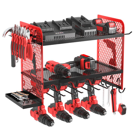 AZBESTPRO Power Tool Organizer Wall Mount Heavy Duty, 3 Tier 4 Drill Holder 17 Inch, Tool Holder and Storage Rack for Garage Organization (Red) AZBESTPRO