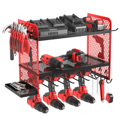 AZBESTPRO Power Tool Organizer Wall Mount Heavy Duty, 3 Tier 4 Drill Holder 17 Inch, Tool Holder and Storage Rack for Garage Organization (Red)