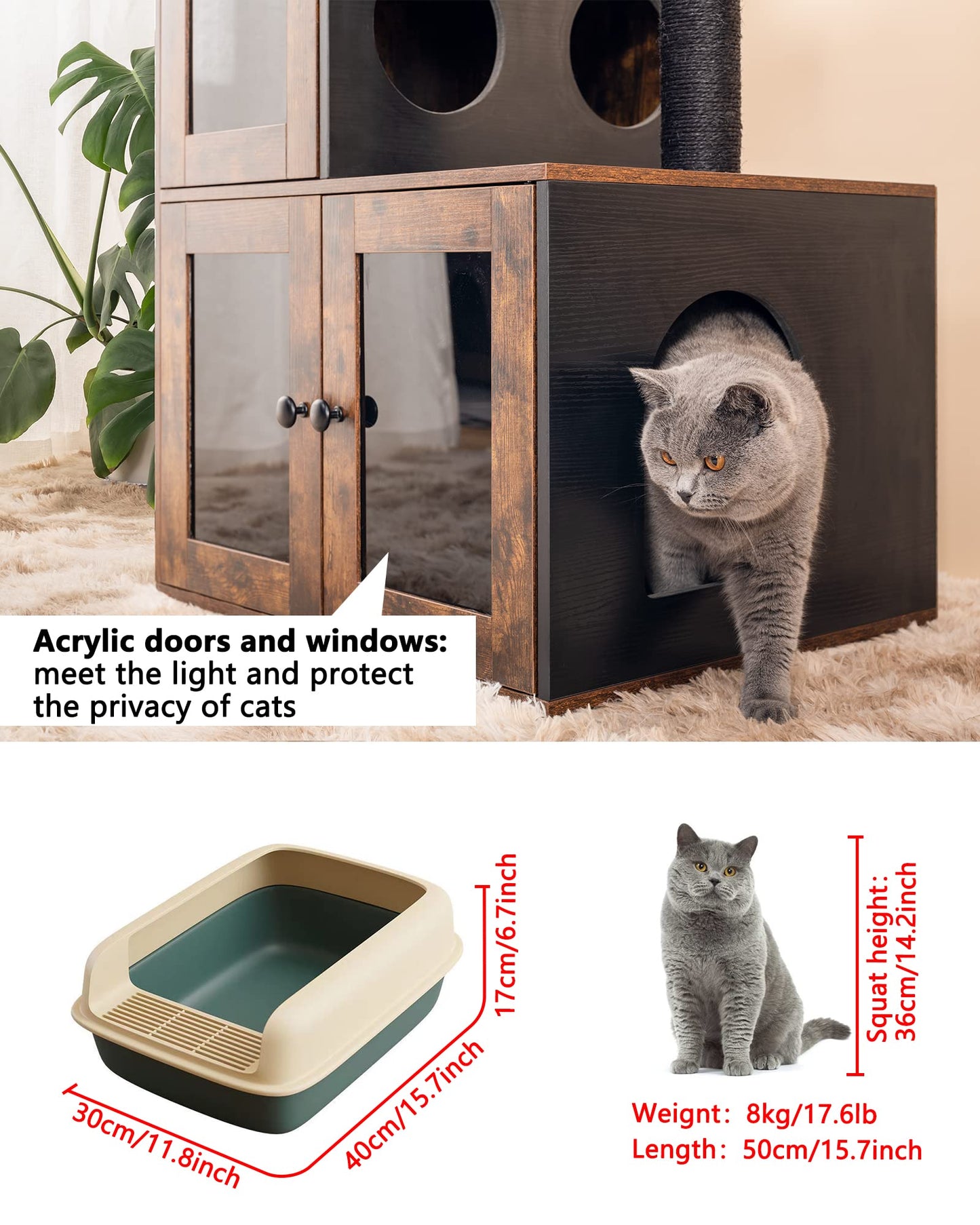 Fourfurpets Multipurpose Litter Box Enclosure with Cat Tree, Acrylic Doors and Windows, with Large Platform, Cat House, Full Sisal Posts, Removable Washable Cushion, Rustic Brown