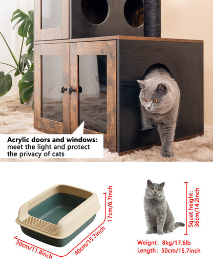 Fourfurpets Multipurpose Litter Box Enclosure with Cat Tree, Acrylic Doors and Windows, with Large Platform, Cat House, Full Sisal Posts, Removable Washable Cushion, Rustic Brown