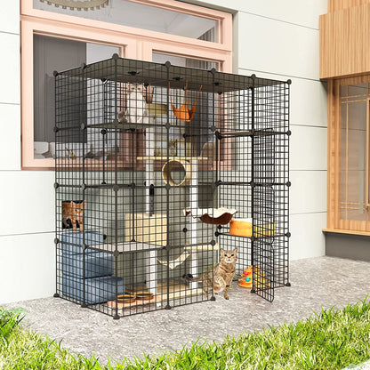 Eiiel Outdoor Cat House, Cages Enclosure with Super Large Enter Door, 55.1L x 27.6W x 55.1H Balcony Cat Playpen with Platforms,DIY Kennels Crate, Exercise Place Ideal for 1-4 Cats, BLACK - WoodArtSupply