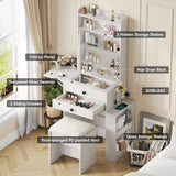 Vabches Small Makeup Vanity Desk with 3 Adjustable Lighted Mirror, White Vanity Set with Fold-up Panel and Charging Station, Glass Top Dressing Table with Drawers and Chair, 2 Hidden Storage Shelves Vabches
