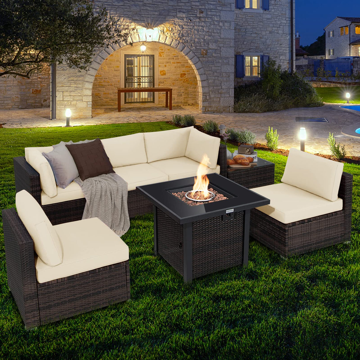 COSTWAY 7 Piece Patio Furniture Set with 32'' Fire Pit Table, Outdoor Wicker Rattan Sectional Sofa Set with 4'' Thickened Cushions, Side Coffee Table for Poolside Backyard (Off White) COSTWAY