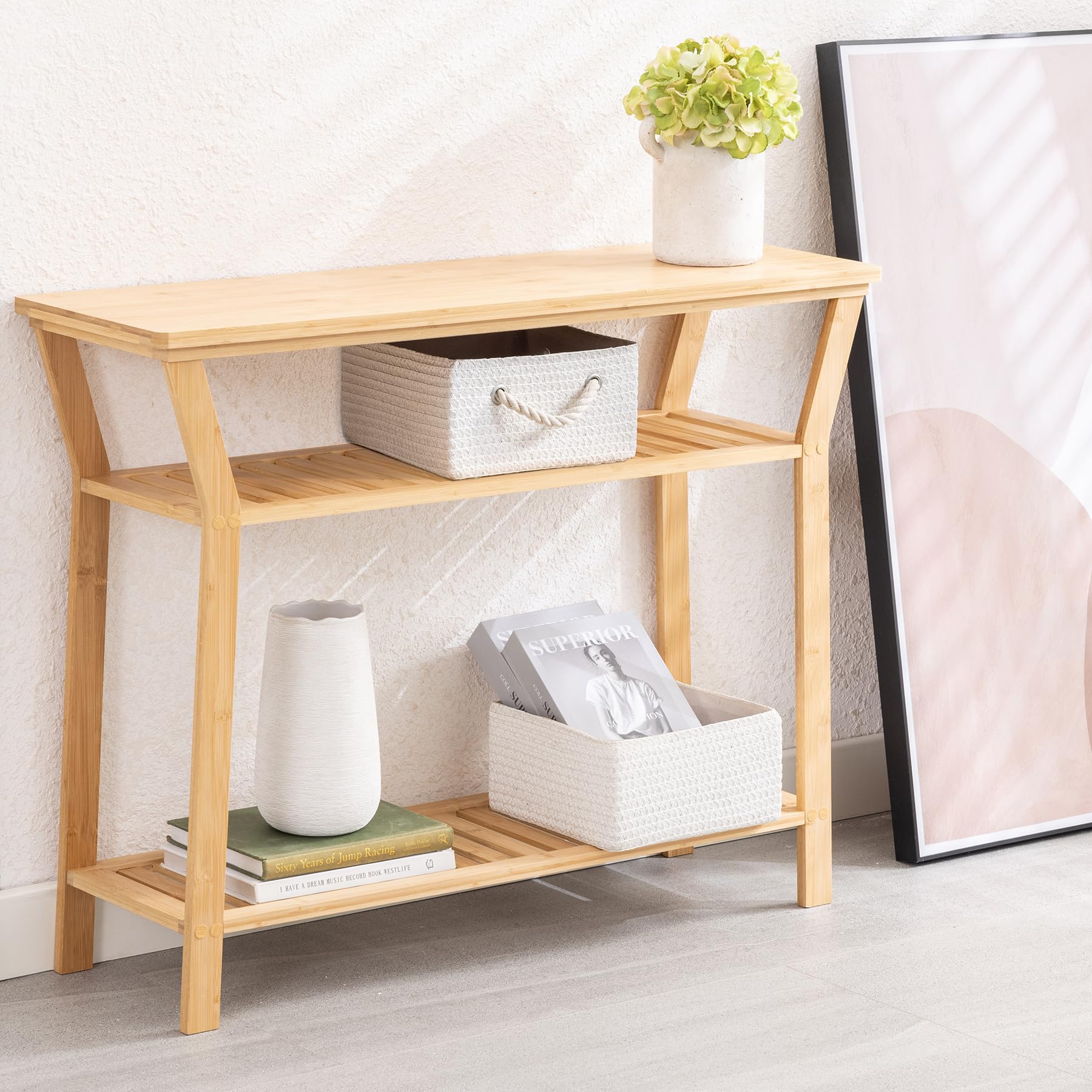 Nnewvante Bamboo Console Table Behind Couch, Entryway Table with Shelves, 3 Tier Narrow Sofa Table for Hallway, Living Room, Foyer 38.6"x11.8" - WoodArtSupply