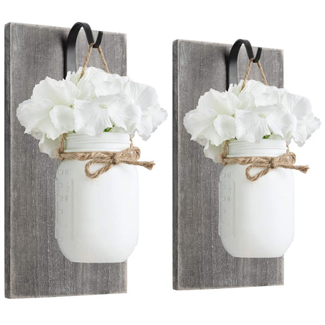 Mkono Wall Sconces Rustic Sconces Set of 2 Farmhouse Mason Jars Bathroom Decor Wood Boards with Fairy Lights and Flowers Fall Wall Decor for Home Kitchen Living Room, White Mkono