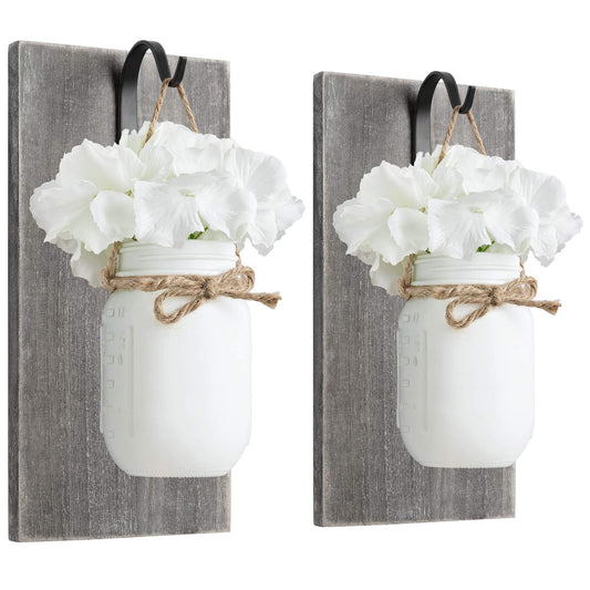 Mkono Wall Sconces Rustic Sconces Set of 2 Farmhouse Mason Jars Bathroom Decor Wood Boards with Fairy Lights and Flowers Fall Wall Decor for Home Kitchen Living Room, White - WoodArtSupply