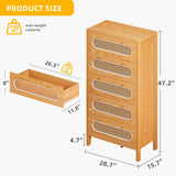 DWVO 47" Tall Natural Rattan 5 Drawer Dresser, Boho Dresser Chest of Drawers with Golden Handles, Wood Dresser Storage Cabinet for Hallway, Entryway, Hold up to 300lbs, Oak DWVO