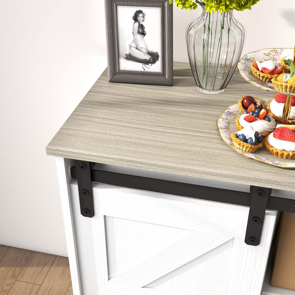 Panana Bar Cabinet with Barn 2 Sliding Doors Buffet Farmhouse Storage Cabinet TV Stand (White Body Natural Top) Panana