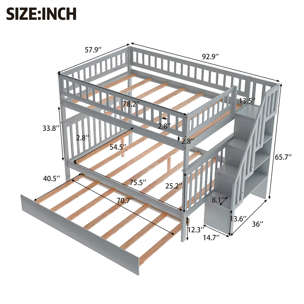 P PURLOVE Stackable Full Over Full Bunk Bed with Trundle, Wood Stairway Storage Bunk Bed with Storage Shelf for Kids Teens, Full Bunk Bed can Be Divided into 3 Individual Beds,Gray Bed Frame P PURLOVE
