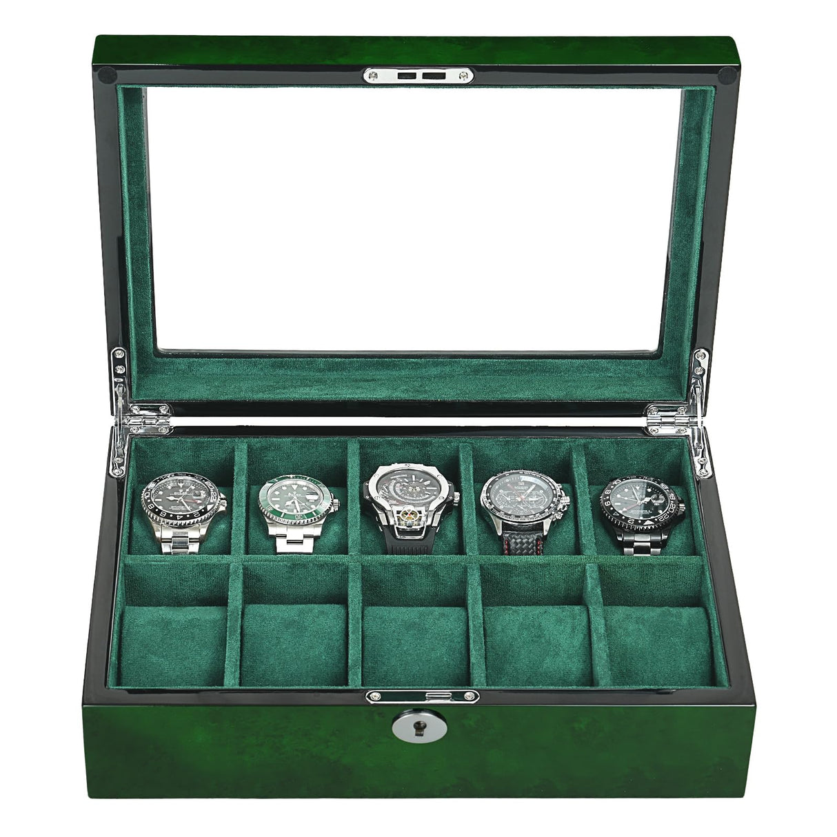 SYENS Watch Box for Men 10 Watches Storage Organizer Case, Smart Watch Display, Green Wood with Soft Suede Interior, Large Glass Window, Gift for Women and Man (10W-GR) SYENS