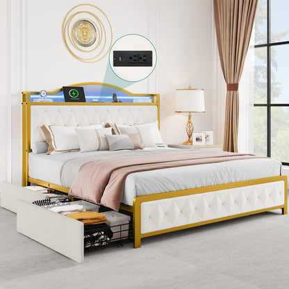 YITAHOME White Upholstered Queen Bed Frame with LED Lights, 4 Storage Drawers, and Charging Station - WoodArtSupply