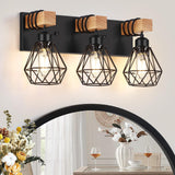 FadimiKoo 3-Light Farmhouse Bathroom Vanity Light Fixtures, Wood Bathroom Lighting Over Mirror, Black Vanity Lights with Metal Lampshade, Vintage Wall Light Fixtures for Bedroom, Living Room, Hallway FadimiKoo