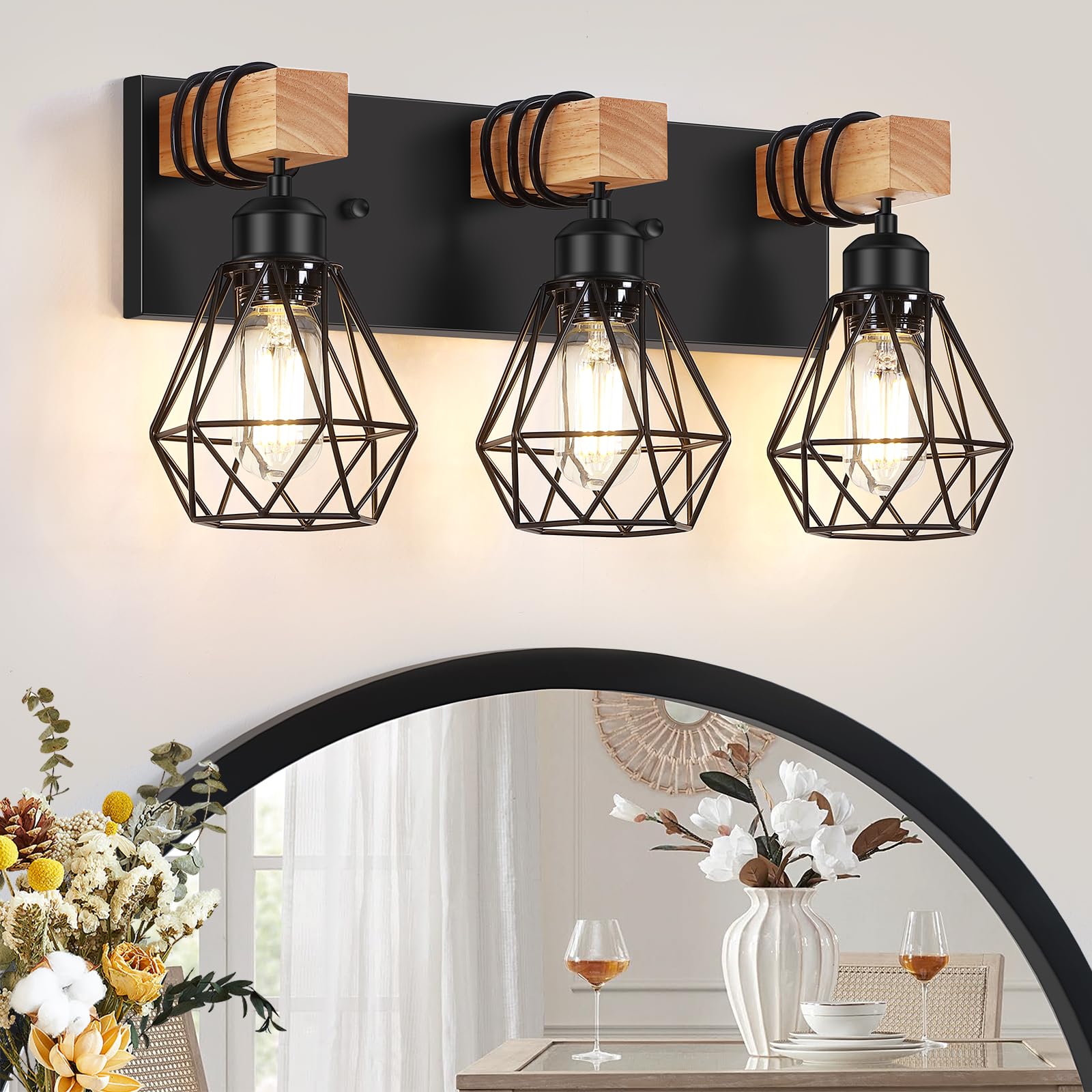 FadimiKoo 3-Light Farmhouse Bathroom Vanity Light Fixtures, Wood Bathroom Lighting Over Mirror, Black Vanity Lights with Metal Lampshade, Vintage Wall Light Fixtures for Bedroom, Living Room, - WoodArtSupply