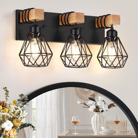 FadimiKoo 3-Light Farmhouse Bathroom Vanity Light Fixtures, Wood Bathroom Lighting Over Mirror, Black Vanity Lights with Metal Lampshade, Vintage Wall Light Fixtures for Bedroom, Living Room, Hallway FadimiKoo