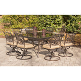 Hanover Traditions 9-Piece Outdoor Dining Set with Tan Cushions, 8 Swivel Rockers and Tempered Glass Square Dining Table, All-Weather, Rust-Resistant Aluminum Patio Dining Set for 8 Hanover