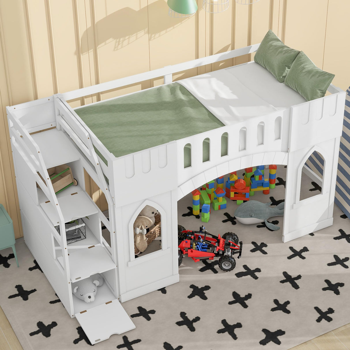 Harper & Bright Designs White Twin Low Loft Bed with Storage Staircase and Windows Harper & Bright Designs