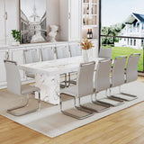 11 Piece Dining Table Set, 79" Marble Dining Table Set for 10, Marble Pattern MDF Dining Table Top and Base, 10 PU Leather Dining Chairs with Chrome Plated Metal Legs for Kitchen Dining Room. gopop