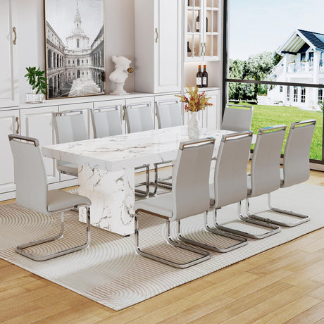 11 Piece Dining Table Set, 79" Marble Dining Table Set for 10, Marble Pattern MDF Dining Table Top and Base, 10 PU Leather Dining Chairs with Chrome Plated Metal Legs for Kitchen Dining Room. gopop