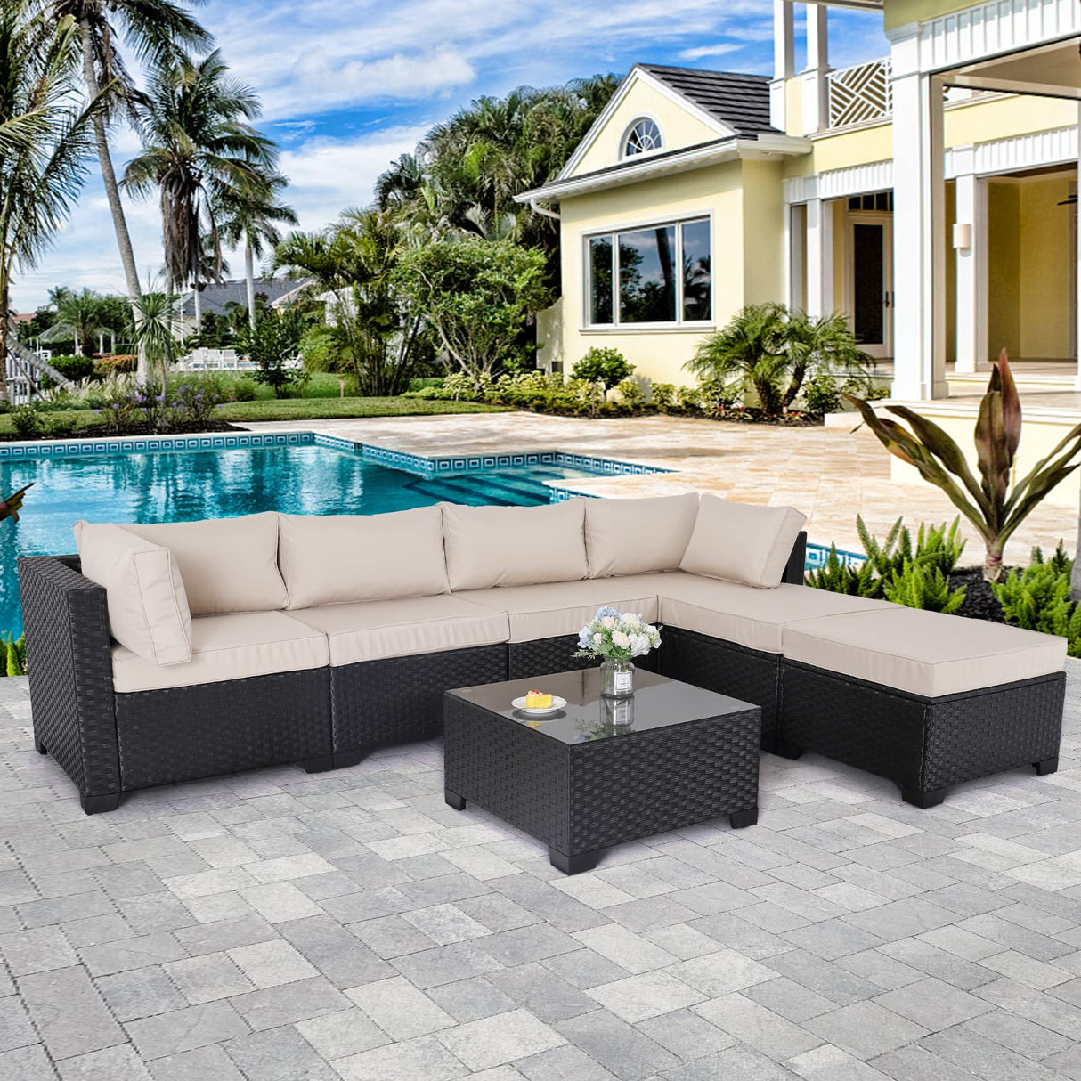 Lviden 7 Pieces Outdoor PE Wicker Furniture Set Patio Rattan Sectional conversation sofa set with Khaki Cushions and Glass Top Table Lviden