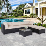 Lviden 7 Pieces Outdoor PE Wicker Furniture Set Patio Rattan Sectional conversation sofa set with Khaki Cushions and Glass Top Table Lviden