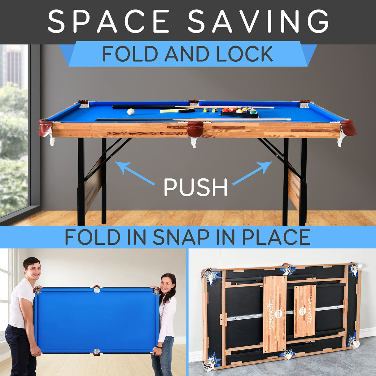 SereneLife 4.5ft Folding Pool Table, 54in Portable Foldable Billiards Game Table for Kids and Adults with Accessories, Indoor and Outdoor Games with Sticks, Cue, Balls and Triangle, Blue SereneLife