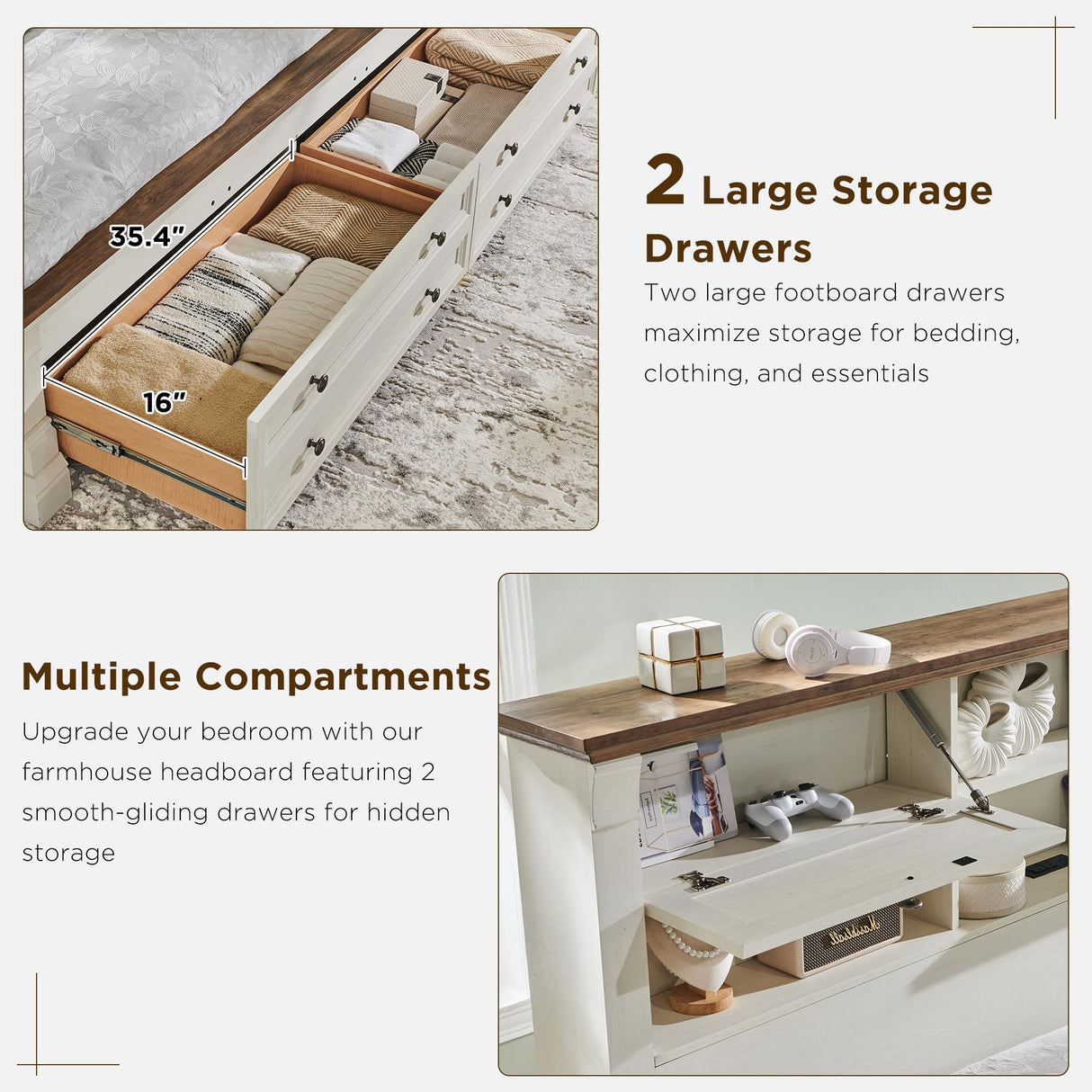 Farmhouse King Size Bed Frame with 54" Tall Storage Bookcase Headboard, Wood Platform Bed Frame with 2 Drawers & 18" Tall Roman Column Decoration Footboard, No Box Spring Needed(Antique White) T4TREAM